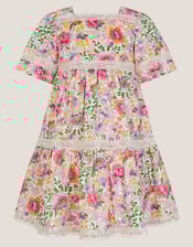 Floral Print Short Sleeve Tiered Dress, Ivory (IVORY), large