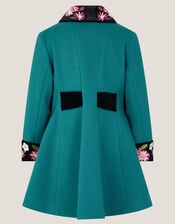 Contrast Double-Breasted Velvet Coat, Teal (TEAL), large