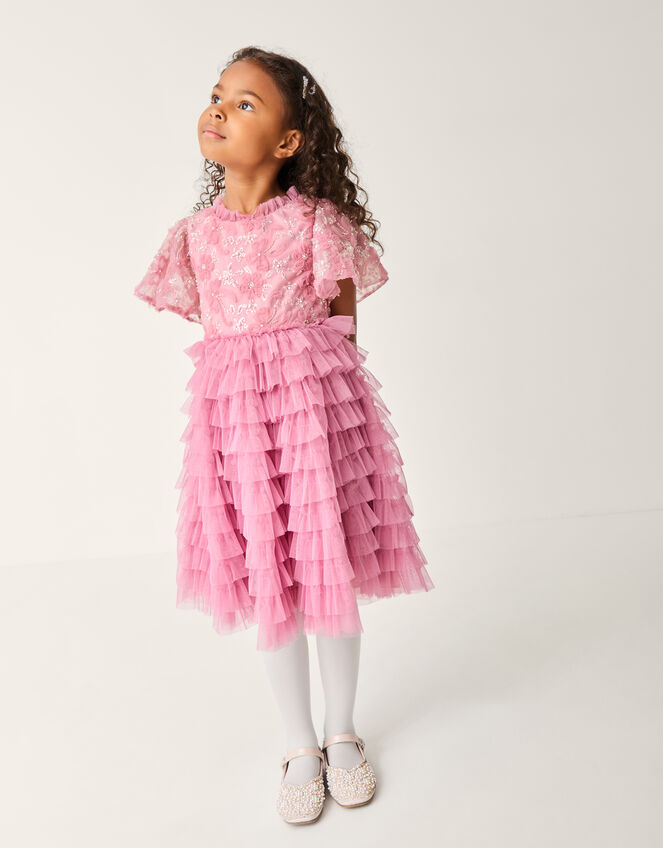 Shikha Floral Embellished Tiered Ruffle Dress, Pink (DUSKY PINK), large