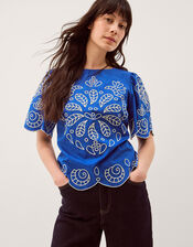Keira Short Sleeve Embroidered Top, Blue (COBALT), large