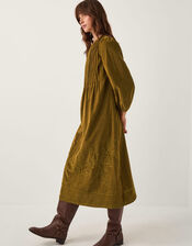 Joyce Pintuck Embroidered Corduroy Midi Dress, Green (CHARTREUSE), large