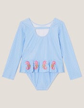 Baby Seahorse Stripe UPF50+ Long Sleeve Swimsuit, Blue (BLUE), large