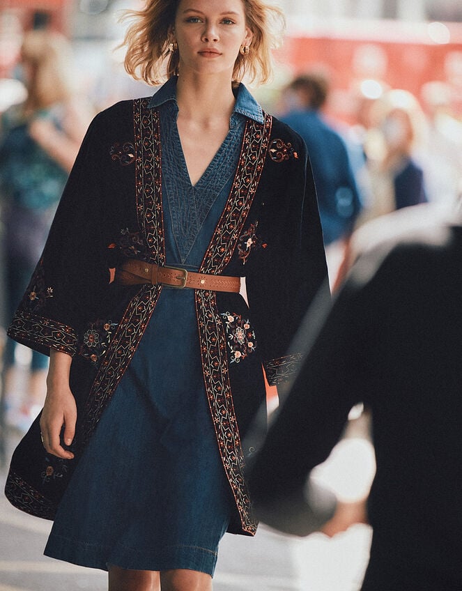 Embroidered Velvet Kimono, Black (BLACK), large