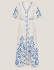 Maria Embroidered Puff Sleeve Midi Dress, White (WHITE), large