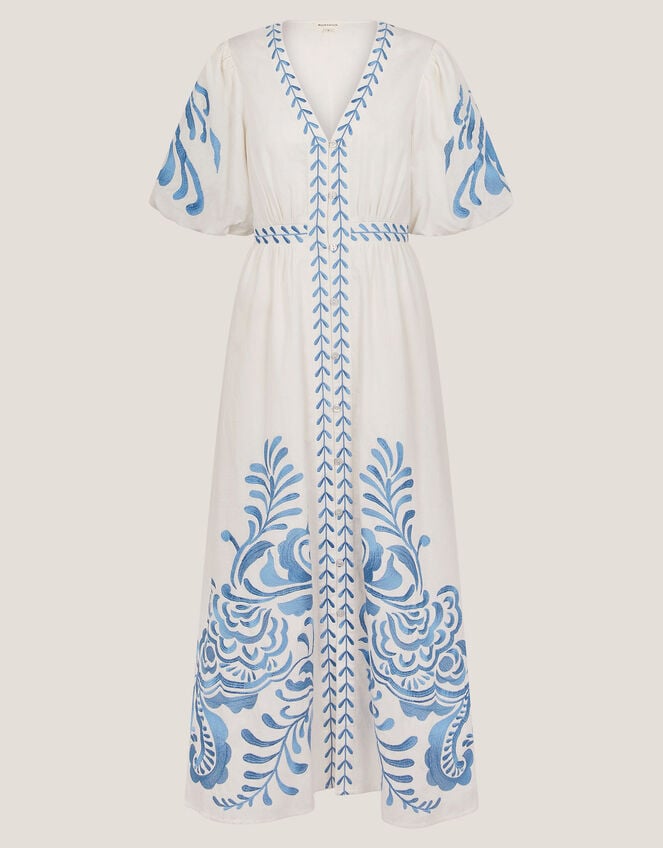 Maria Embroidered Puff Sleeve Midi Dress, White (WHITE), large