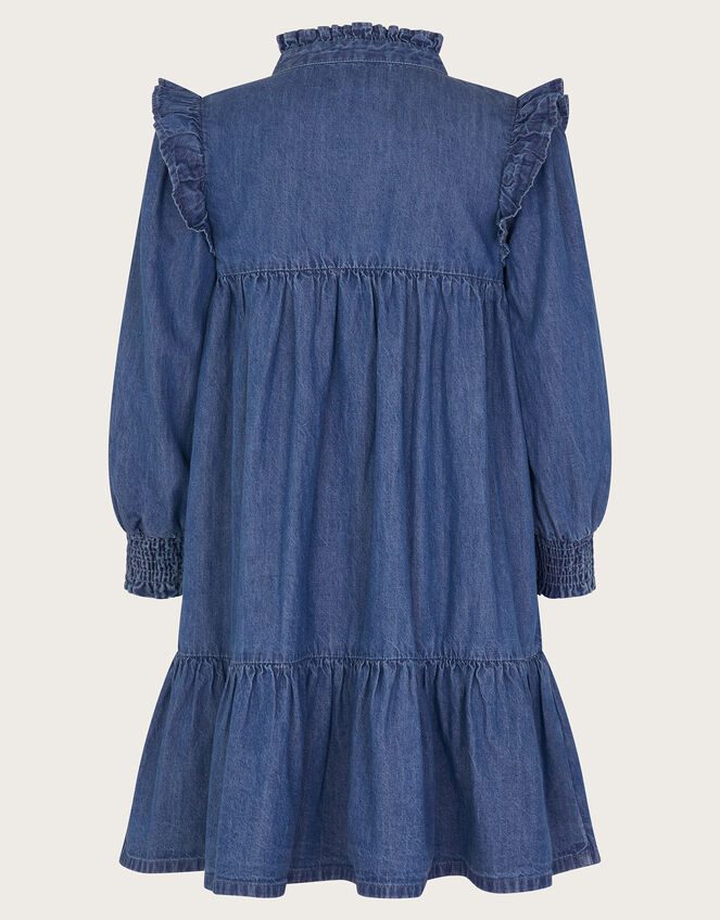 Long Sleeve Ruffle Heart Denim Dress, Blue (BLUE), large