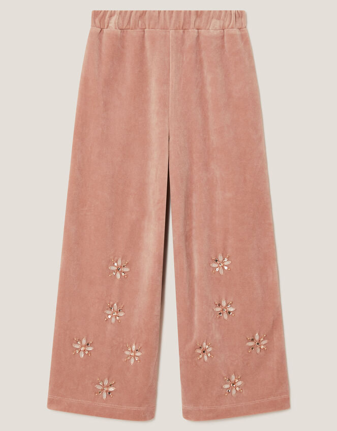 Embellished Velour Wide Leg Trousers, Pink (PINK), large