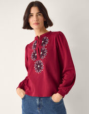 Esme Embroidered Jersey Blouse, Red (BURGUNDY), large