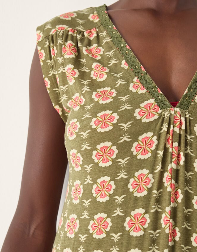 Maddie Sleeveless Floral Print Jumpsuit, Green (KHAKI), large