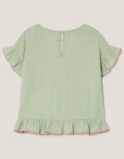 Butterfly Embellished Frill T-Shirt, Green (GREEN), large