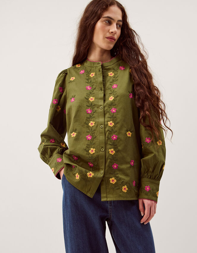 Andrea Floral Embroidered Blouse, Green (KHAKI), large