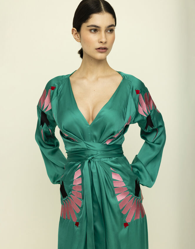 Tallulah & Hope Aziza Long Embroidered Wrap Dress, Green (GREEN), large