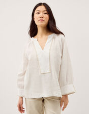 Frida V-Neck Linen Blouse, White (WHITE), large