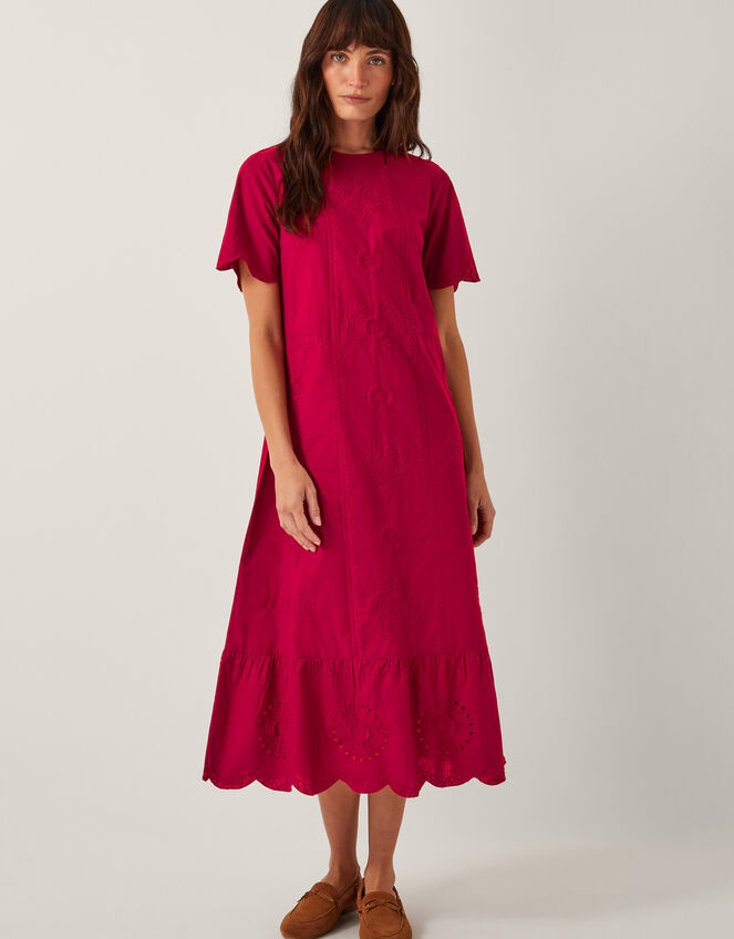 Orla Short Sleeve Broderie Midi Dress, Red (RED), large