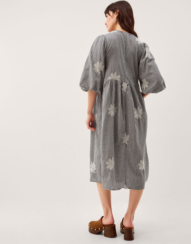 Mimi Puff Sleeve Gingham Midi Dress, Black (BLACK), large