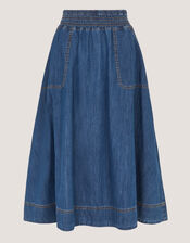 Sophie Shirred Denim Midi Skirt, Blue (MID AUTHENTIC BLUE), large