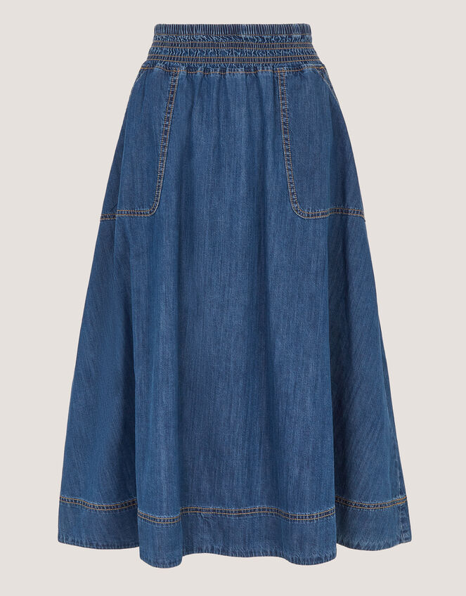 Sophie Shirred Denim Midi Skirt, Blue (MID AUTHENTIC BLUE), large