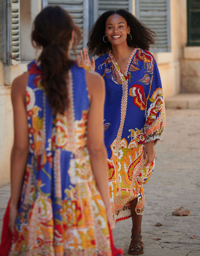 One Hundred Stars Rio Floral Linen Tunic Dress, Blue (BLUE), large