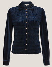 Samantha Smocked Stretch Velvet Shirt, Blue (MIDNIGHT), large