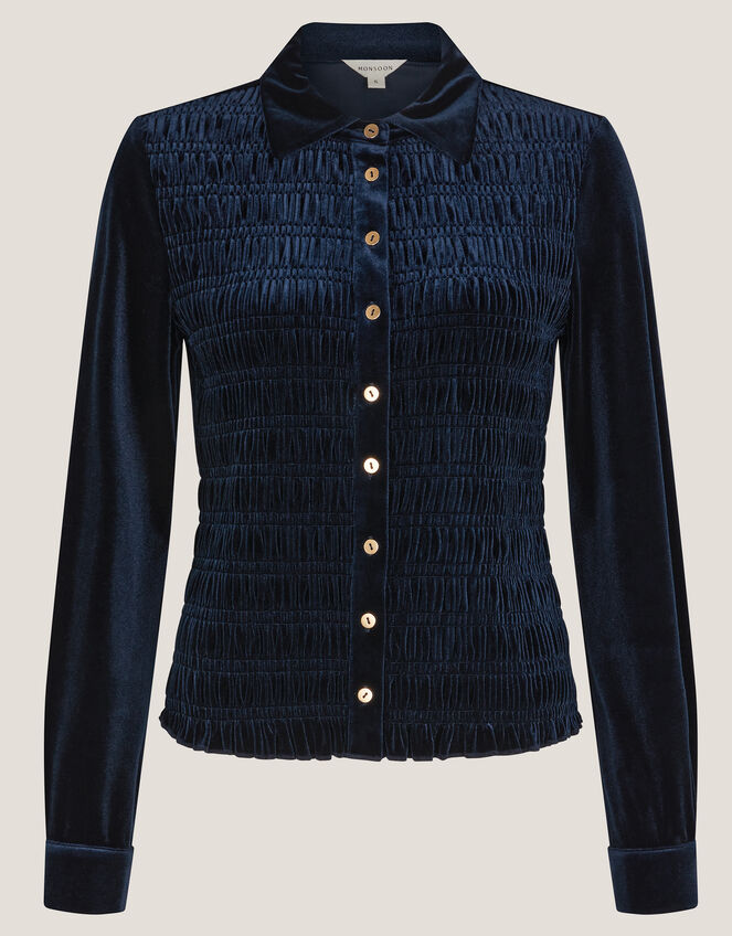 Samantha Smocked Stretch Velvet Shirt, Blue (MIDNIGHT), large
