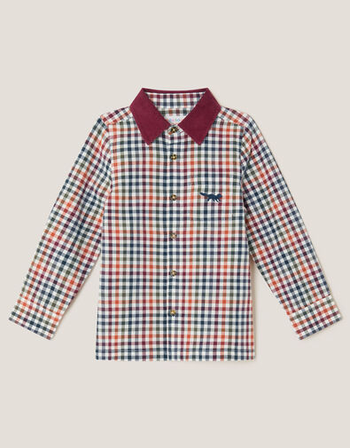 Corduroy Collar Gingham Shirt, Brown (BROWN), large