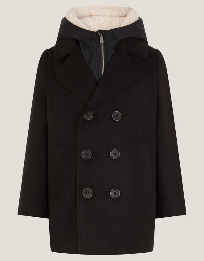 Zip Through Hooded Peacoat, Black (BLACK), large