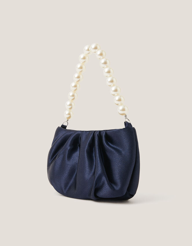 Pearl Strap Satin Party Bag, Blue (NAVY), large
