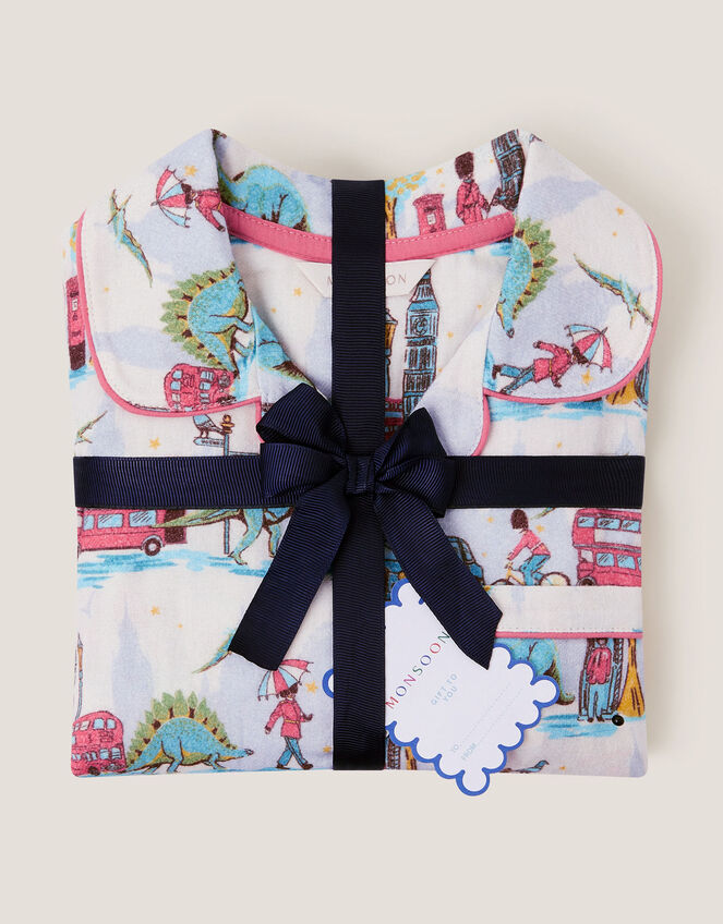 Dinosaur London Print Long Pyjamas Set, Ivory (IVORY), large