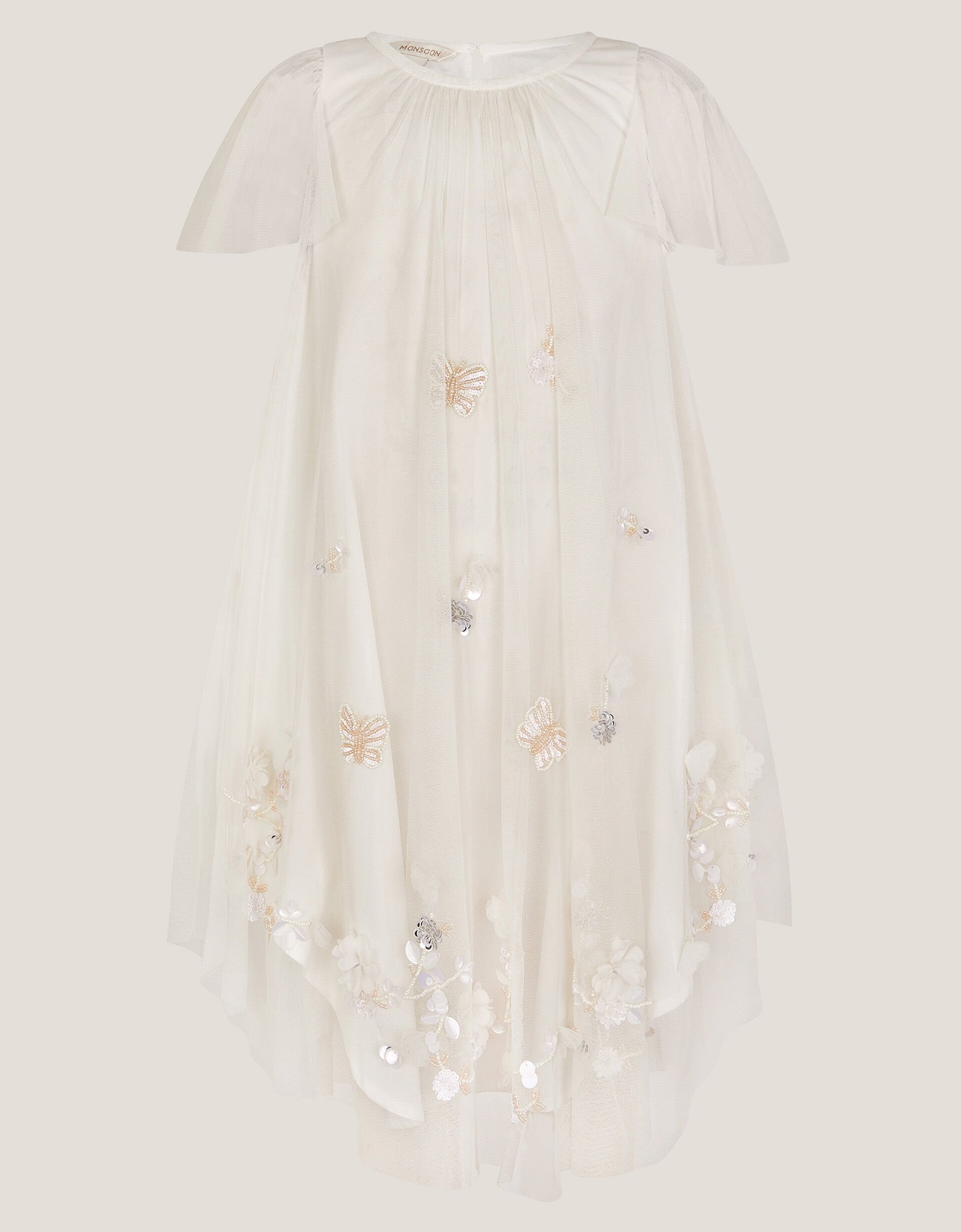 Butterfly Embellished Short Sleeve Swing Dress, Ivory (IVORY), large