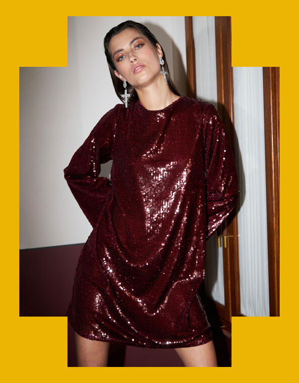 Crās Sequin Tunic Mini Dress, Red (WINE), large