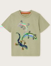 Lizard Embroidered Cotton T-Shirt, Green (KHAKI), large