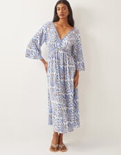 Cece V-Neck Woodblock Print Midi Dress, Blue (BLUE), large