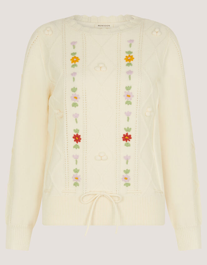Elsie Floral Embroidered Cable Knit Jumper, Ivory (IVORY), large