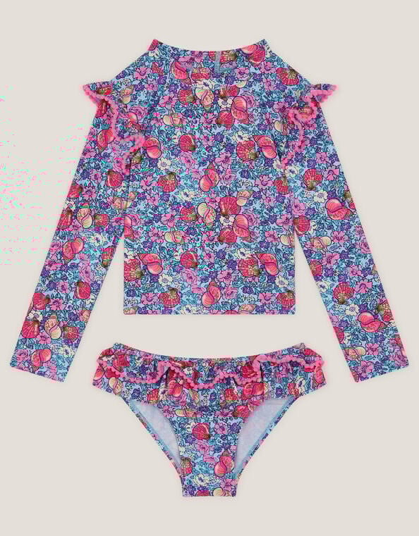 Floral Shell Print UPF50+ Long Sleeve Swim Set, Blue (BLUE), large
