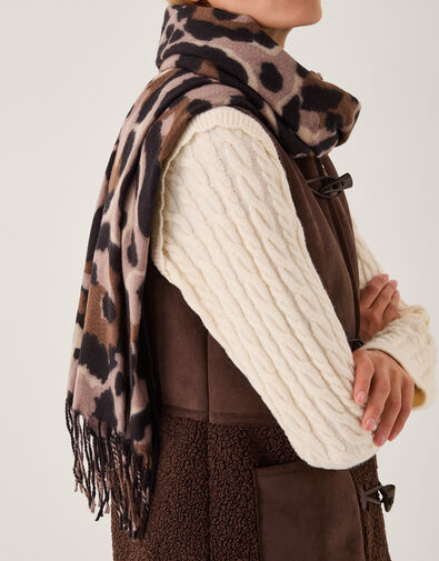 Elyse Animal Print Tassel Scarf, Black (BLACK), large