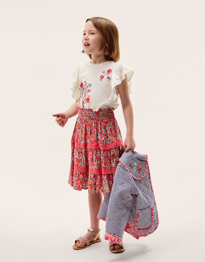 Floral Print Tiered Skirt, Pink (PINK), large