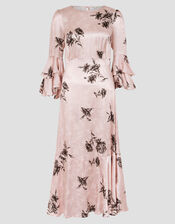 Pelia Floral Satin Ruffle Midi Dress, Pink (PINK), large