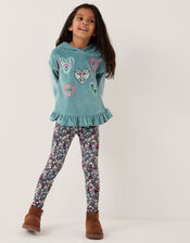 Embellished Velour Hoodie & Floral Leggings Set, Green (GREEN), large