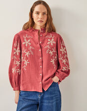 Bridget Embroidered Cotton Blouse, Red (BURGUNDY), large