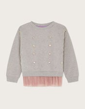Beaded Tulle Trim Sweatshirt, Grey (GREY), large