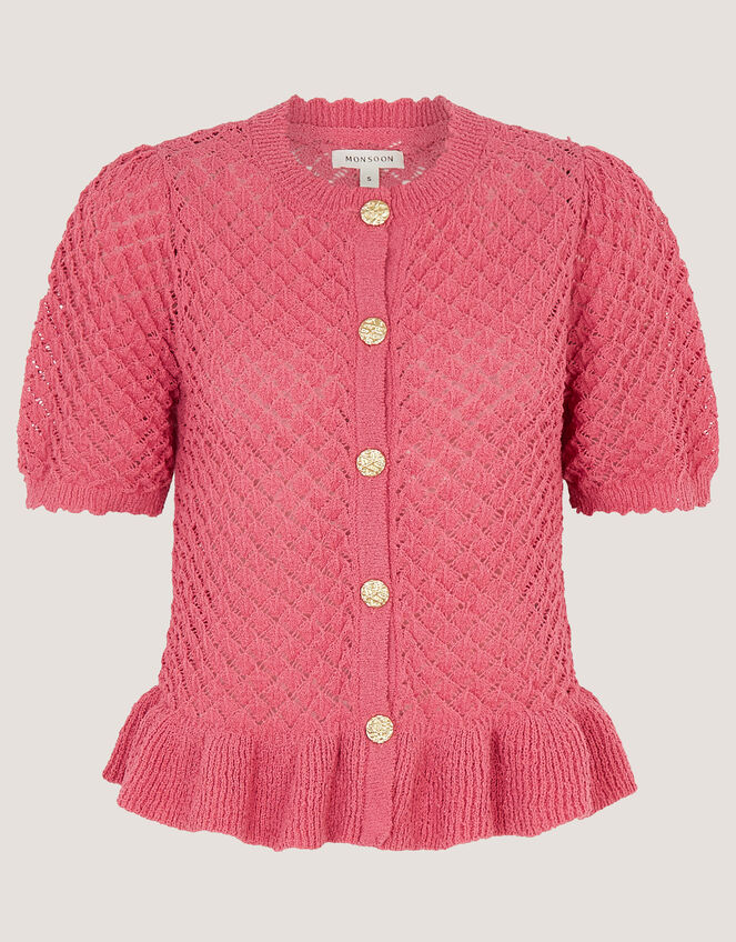 Shea Short Sleeve Ruffle Knit Cardigan, Pink (PINK), large