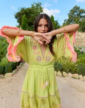 Piti Cuiti Floral Embroidered Mini Kaftan Dress, Green (LIME), large