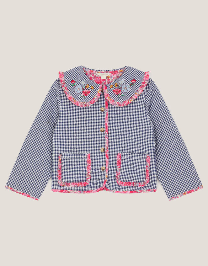 Floral Print Gingham Jacket, Blue (NAVY), large