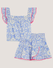 Batik Print Ruffle Top & Skirt Set, Blue (NAVY), large