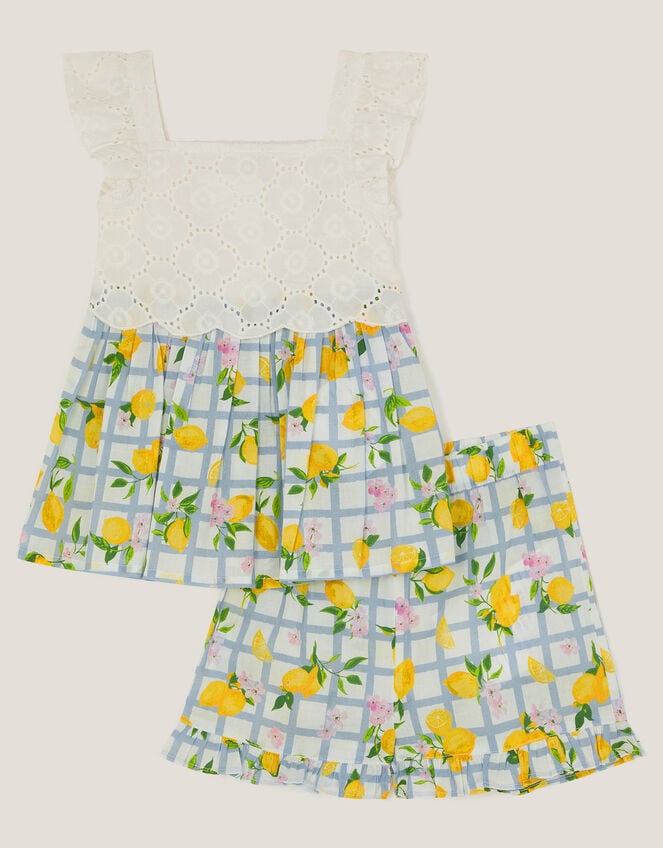 Baby Broderie Top and Lemon Print Shorts Set, Blue (BLUE), large