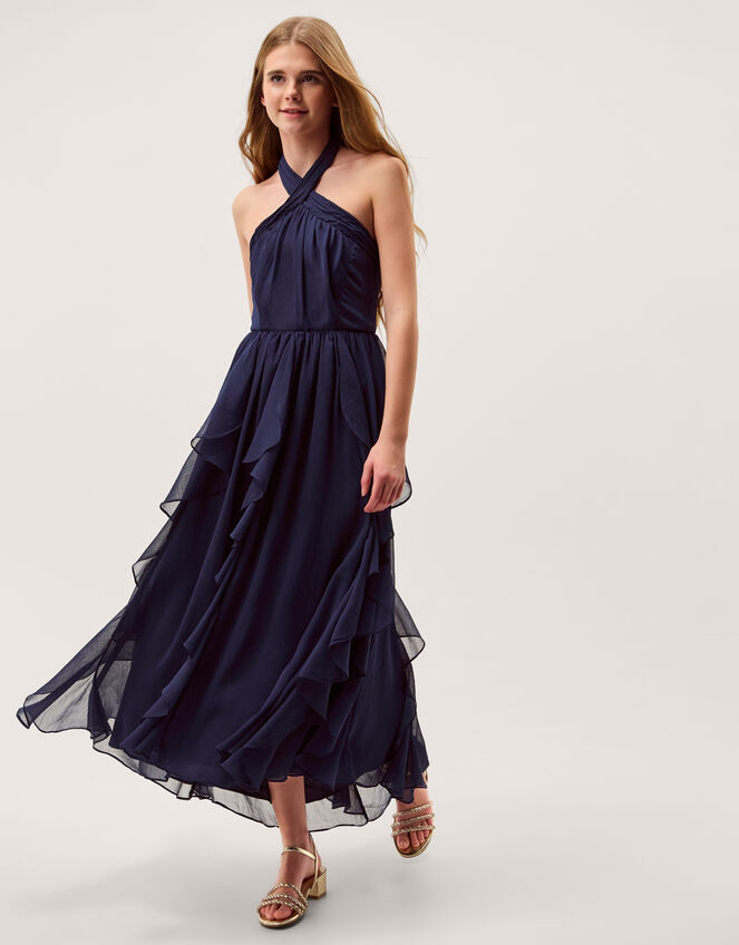 Arizona Halter Ruffle Prom Dress, Blue (NAVY), large