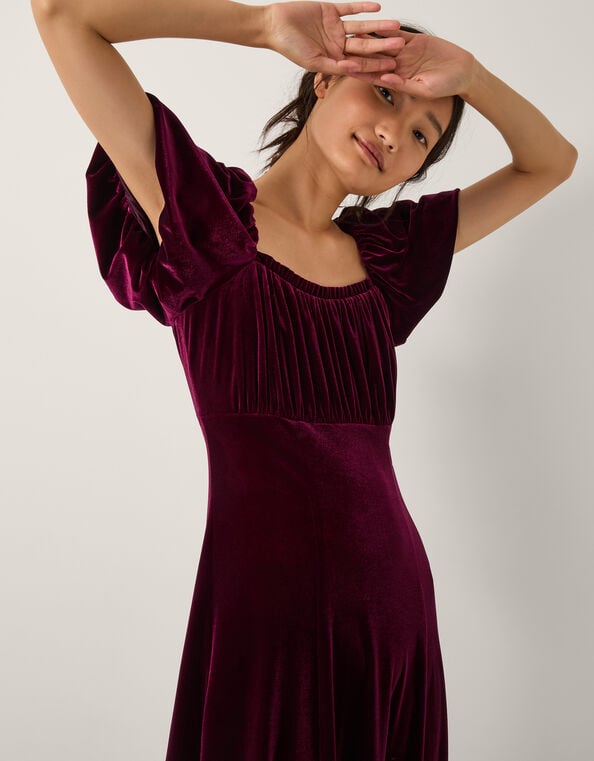 Cynthia Puff Sleeve Velvet Midi Dress, Red (BURGUNDY), large