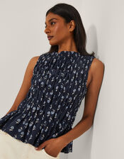 Deniz Sleeveless Smocked Floral Top, Blue (NAVY), large