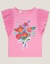 Floral Bouquet Broderie Frill Top, Pink (PINK), large