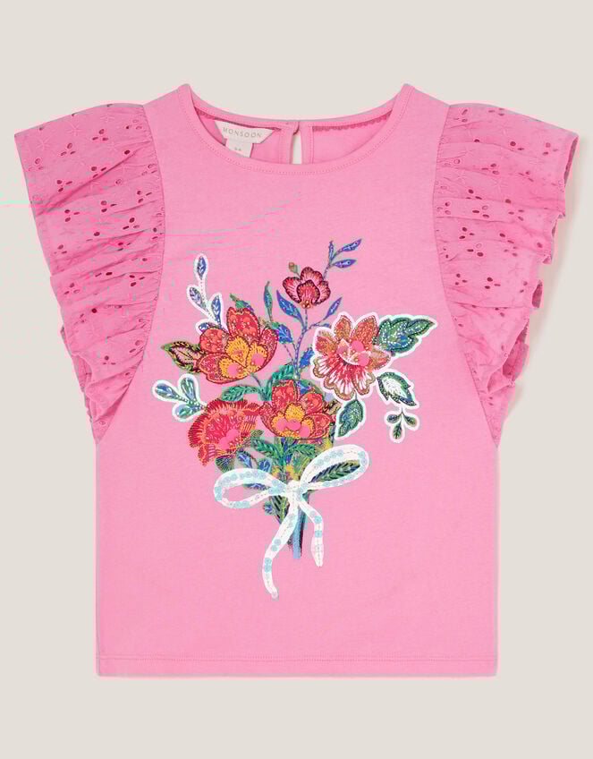 Floral Bouquet Broderie Frill Top, Pink (PINK), large